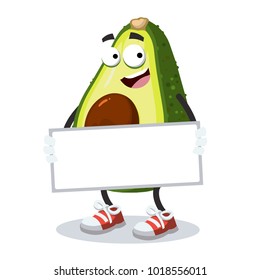 cartoon joyful avocado mascot with tablet in hands on white background