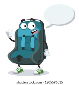 cartoon joyful baby car seat mascot with a speech bubble on a white background