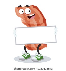 cartoon joyful bacon mascot with tablet in hands on white background