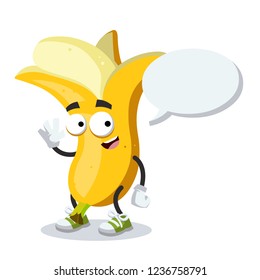 cartoon joyful banana mascot with a speech bubble on a white background