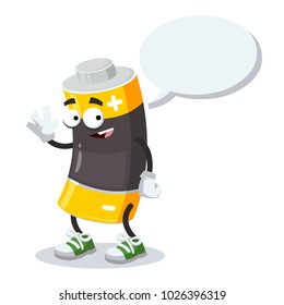 cartoon joyful battery mascot with a caption cloud on a white background