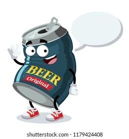 cartoon joyful beer in an aluminum can mascot with a speech bubble on a white background