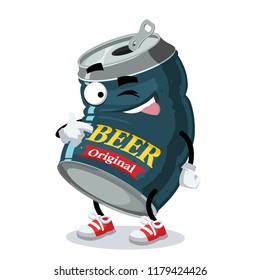 cartoon joyful beer in an aluminum can winks on a white background