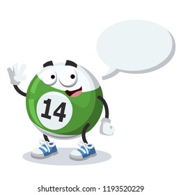 cartoon joyful billiard ball mascot with a speech bubble on a white background