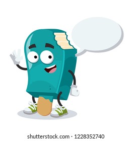 cartoon joyful bitten blue ice cream on a stick mascot with a speech bubble on a white background