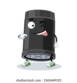 cartoon joyful black car oil filter winks on a white background