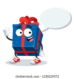 cartoon joyful blue box with a gift mascot with a speech bubble on a white background