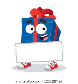 cartoon joyful blue box with a gift mascot with tablet in hands on white background