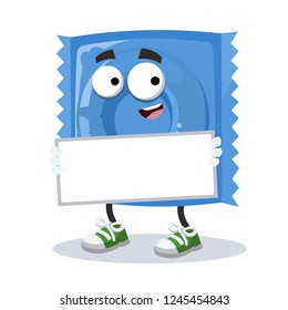 cartoon joyful blue condom pack mascot with tablet in hands on white background