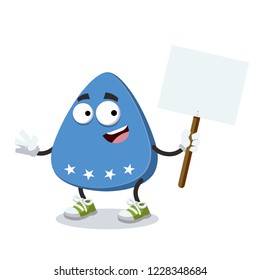 cartoon joyful blue guitar plectrum with stars mascot with tablet in hand on white background