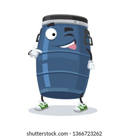 cartoon joyful blue plastic storage barrel winks on a white background