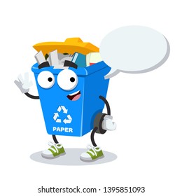 cartoon joyful blue recycle garbage can with paper mascot with a speech bubble on a white background