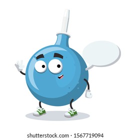 cartoon joyful blue rubber medical enema mascot with a speech bubble on a white background