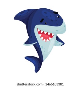 Cartoon joyful blue shark. Vector illustration on white background.
