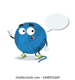 cartoon joyful blue wool yarn ball mascot with a speech bubble on a white background