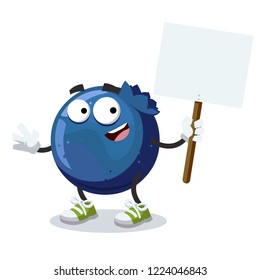 cartoon joyful blueberry mascot with tablet in hand on white background