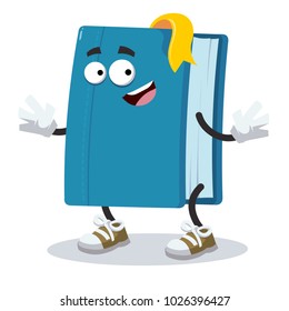 cartoon joyful book mascot smiling on white background