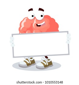cartoon joyful brain with tablet in hands on white background