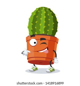 cartoon joyful cactus plant in a pot winks on a white background