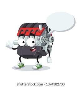 cartoon joyful car internal combustion engine mascot with a speech bubble on a white background