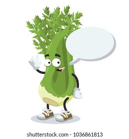 cartoon joyful celery mascot with a caption cloud on a white background
