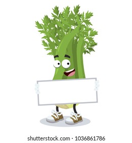cartoon joyful celery mascot with tablet in hands on white background
