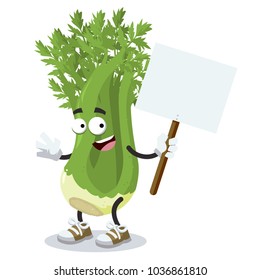 cartoon joyful celery mascot with tablet in hand on white background