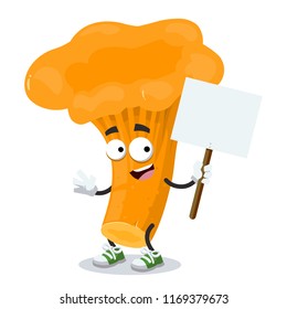 cartoon joyful chanterelle mascot with tablet in hand on white background