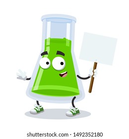 cartoon joyful chemical conical erlenmeyer flask mascot with tablet in hand on white background