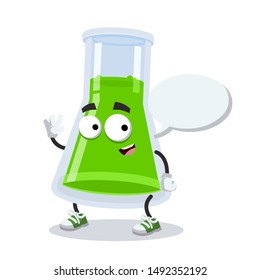 cartoon joyful chemical conical erlenmeyer flask mascot with a speech bubble on a white background