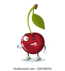 cartoon joyful cherry berry on a branch with a leaf winks on a white background