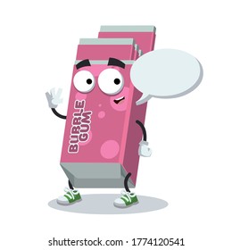 cartoon joyful Chewing Bubble Gum in Pink Pack mascot with a speech bubble on a white background