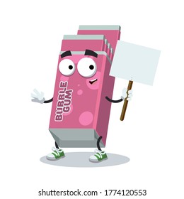 cartoon joyful Chewing Bubble Gum in Pink Pack mascot with tablet in hand on white background