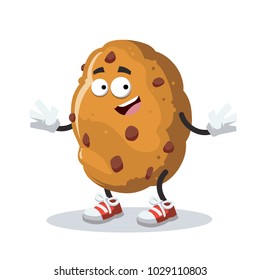 cartoon joyful chocolate chips cookie mascot smiling on white background
