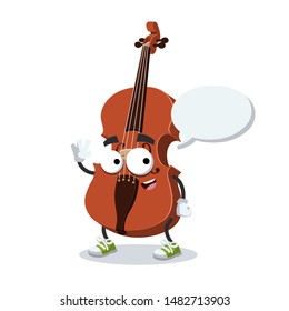 cartoon joyful classical brown wooden violin mascot with a speech bubble on a white background