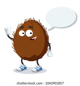 cartoon joyful coconut mascot with a caption cloud on a white background