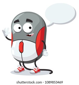 cartoon joyful computer mouse mascot with a speech bubble on a white background