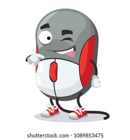 cartoon joyful computer mouse winks on a white background