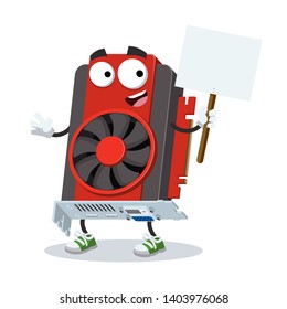 cartoon joyful computer video graphics card mascot with tablet in hand on white background
