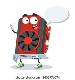 cartoon joyful computer video graphics card mascot with a speech bubble on a white background