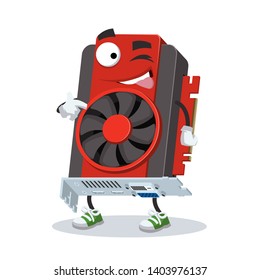 cartoon joyful computer video graphics card winks on a white background