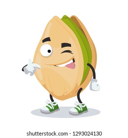 cartoon joyful cracked pistachio nut character mascot winks on a white background