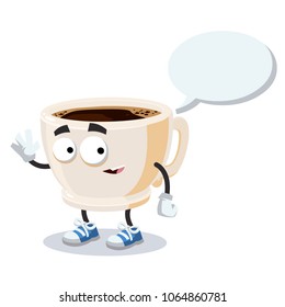 cartoon joyful cup of coffee mascot with a caption cloud on a white background
