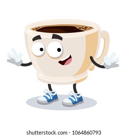 cartoon joyful cup of coffee mascot smiling on white background