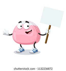 cartoon joyful cute mochi mascot with tablet in hand on white background