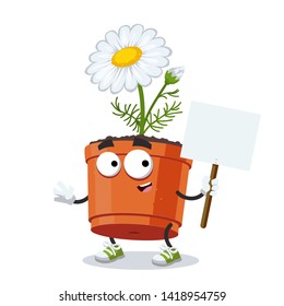 cartoon joyful daisy flower in a pot mascot with tablet in hand on white background