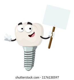 cartoon joyful dental implant mascot with tablet in hand on white background