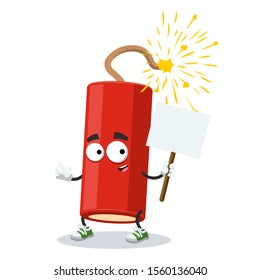 cartoon joyful dynamite stick with a lit wick mascot with tablet in hand on white background
