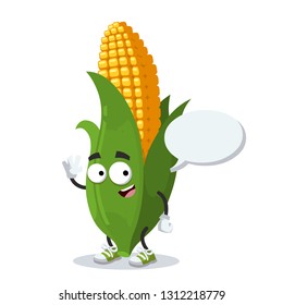 cartoon joyful ear of corn mascot with a speech bubble on a white background