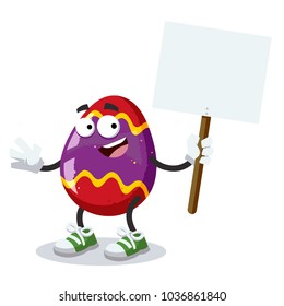 cartoon joyful easter egg mascot with tablet in hand on white background